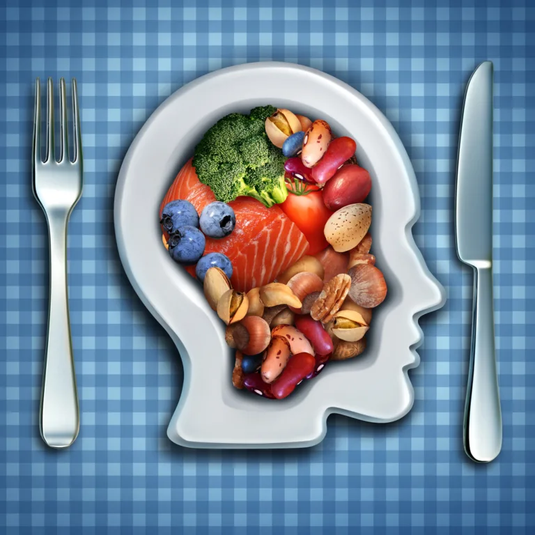 Diet of brain food snacks to maintain a brain healthy, including fish, beans, nuts and fruits, on plate shaped as a human head