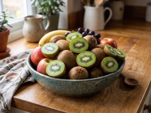 Fruit bowl topped with sliced kiwi fruit