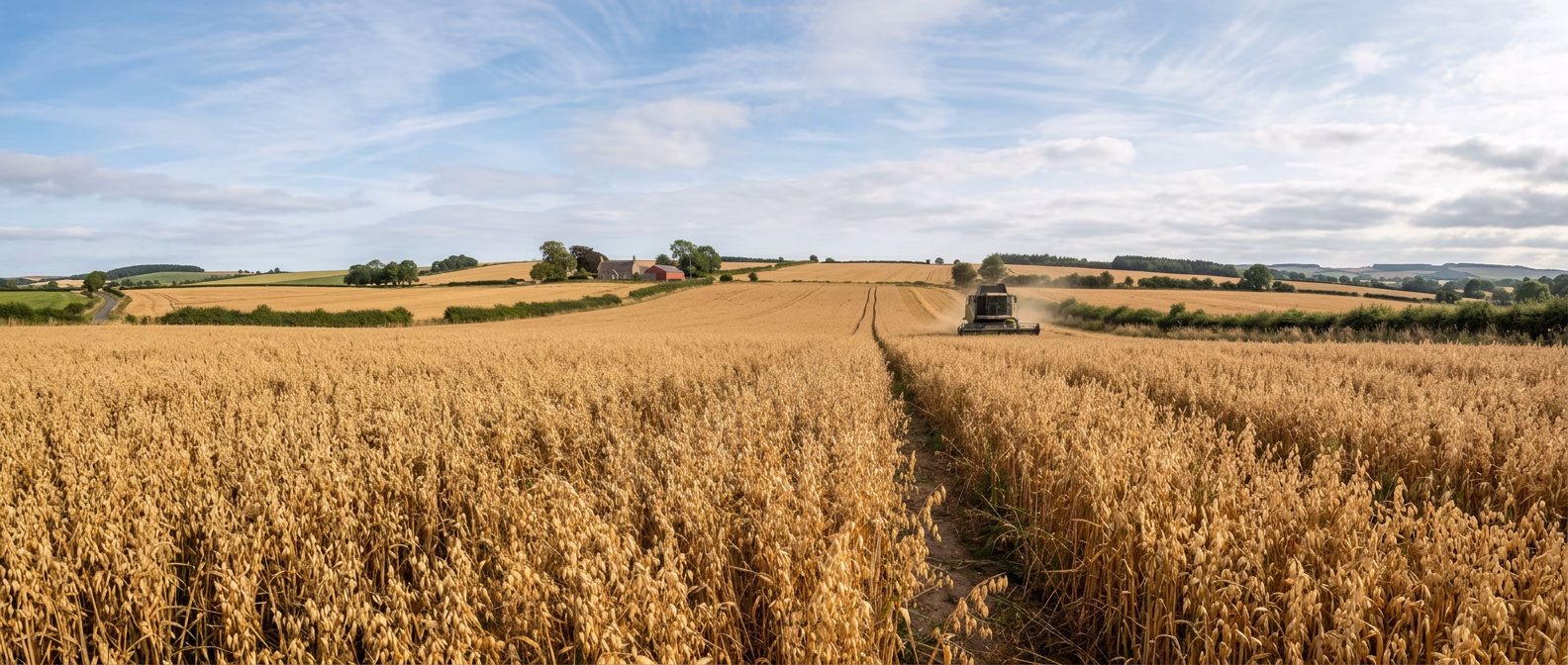 Combine harvester harvesting oats in large golden field with farmhouse in distance