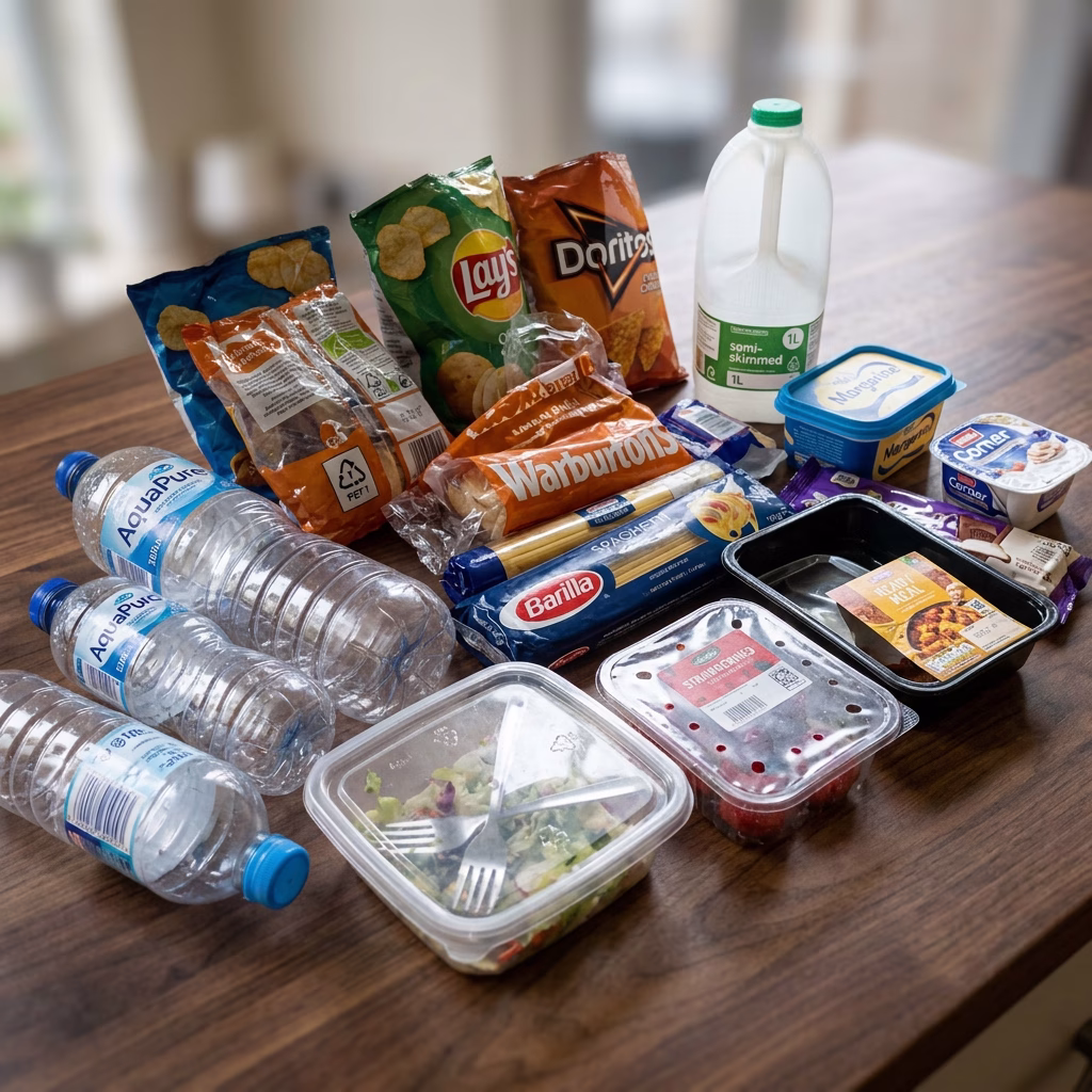Groceries, snacks, bottled water, milk, and prepared foods on a kitchen counter